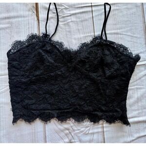 Black‎ Floral Lace Crop Top Cami Side Zipper Eyelash Trim Small